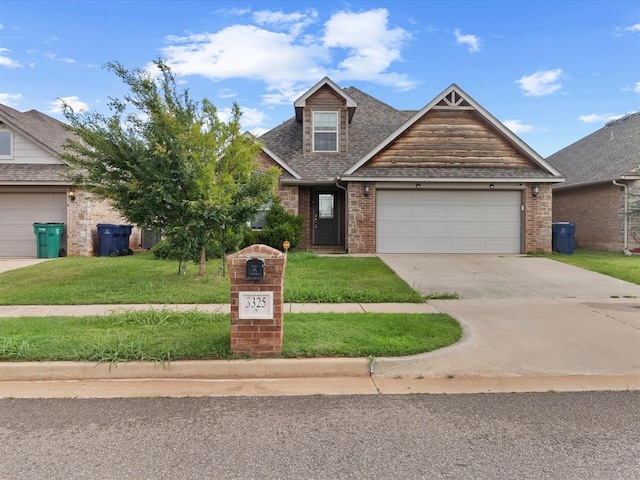 3325 NW 161st St, Edmond, OK 73013 - view of front of home featuring brick siding, concrete driveway, a garage, a front yard, and roof with shingles