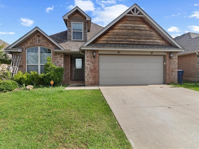 3325 NW 161st St, Edmond, OK 73013 - view of front of house with concrete driveway, a front yard, an attached garage, roof with shingles, and brick siding