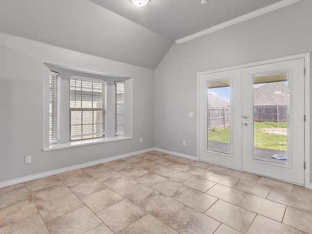 3325 NW 161st St, Edmond, OK 73013 - spare room with french doors, crown molding, vaulted ceiling, and tile patterned floors