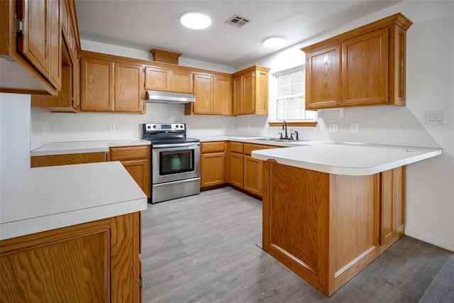 45350 Bob Crouch Rd, Tecumseh, OK 74873 - kitchen featuring electric stove, under cabinet range hood, a peninsula, light wood finished floors, and brown cabinetry