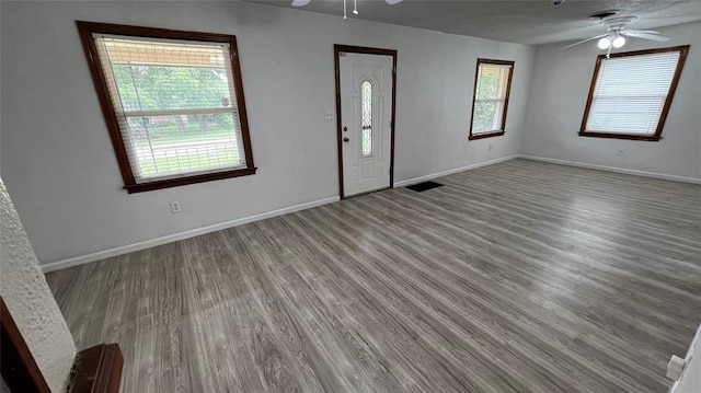 425 Mohawk Dr, Pauls Valley, OK 73075 - foyer with a ceiling fan and wood finished floors