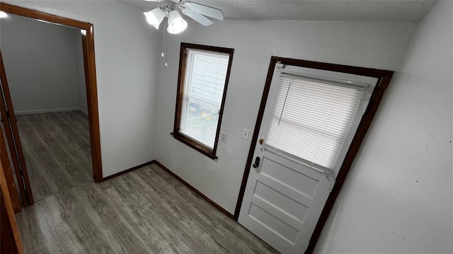 425 Mohawk Dr, Pauls Valley, OK 73075 - doorway to outside featuring wood finished floors and ceiling fan