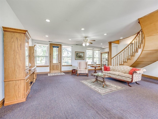 1124 Hill View Dr, Guthrie, OK 73044 - living area with carpet flooring, recessed lighting, stairway, and a ceiling fan