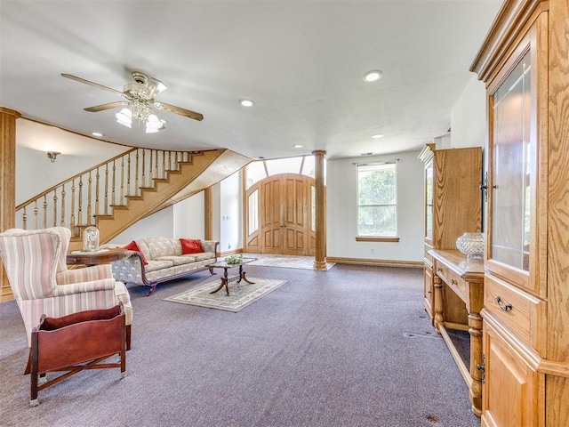 1124 Hill View Dr, Guthrie, OK 73044 - living area with carpet floors, recessed lighting, stairway, and a ceiling fan