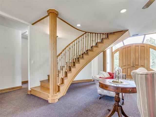 1124 Hill View Dr, Guthrie, OK 73044 - foyer entrance featuring carpet flooring, stairs, and recessed lighting