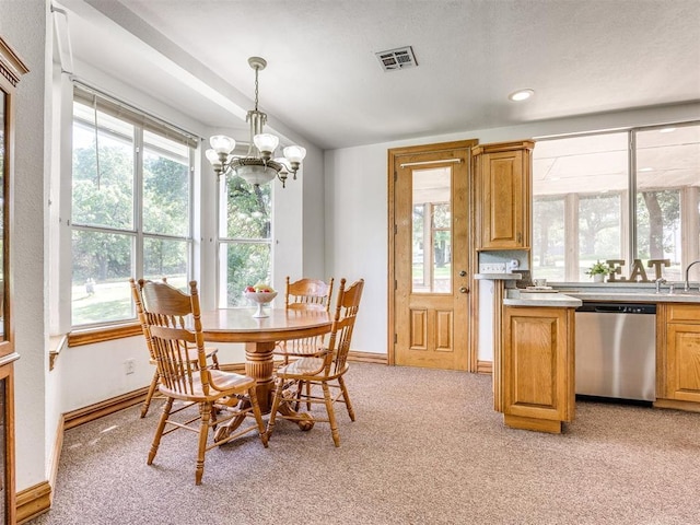 1124 Hill View Dr, Guthrie, OK 73044 - dining space with a chandelier, light colored carpet, and recessed lighting