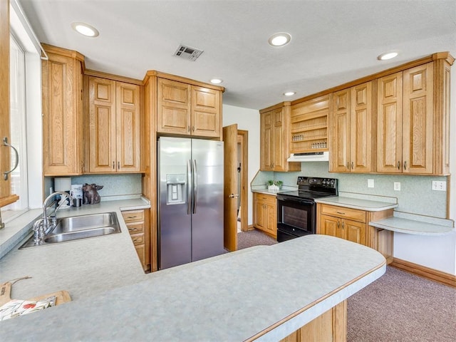 1124 Hill View Dr, Guthrie, OK 73044 - kitchen with stainless steel fridge with ice dispenser, electric range, under cabinet range hood, light countertops, and light carpet