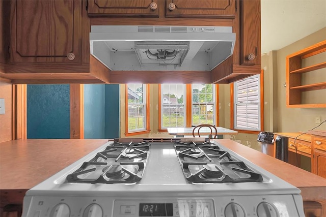 231 W Polk St, Mangum, OK 73554 - kitchen with range, under cabinet range hood, light countertops, and brown cabinets