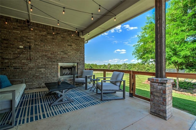 13420 Saltgrass Dr, Edmond, OK 73025 - view of patio featuring an outdoor brick fireplace