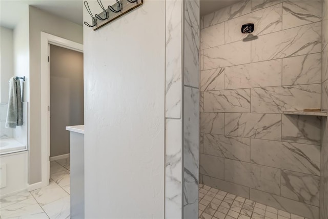 13420 Saltgrass Dr, Edmond, OK 73025 - full bath featuring tiled shower, a tub, and marble look tiles