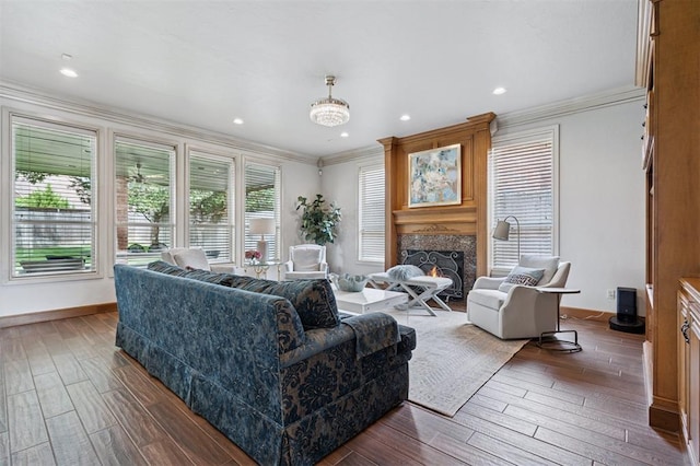 4609 Flint Ridge Dr, Norman, OK 73072 - living room featuring wood finished floors, ornamental molding, a lit fireplace, and recessed lighting