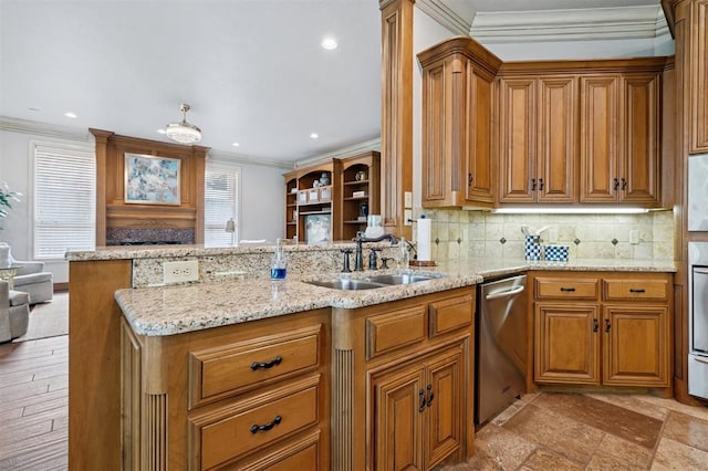 4609 Flint Ridge Dr, Norman, OK 73072 - kitchen with stainless steel dishwasher, brown cabinetry, crown molding, backsplash, and light stone countertops