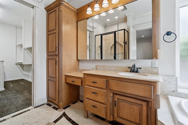 4609 Flint Ridge Dr, Norman, OK 73072 - full bathroom with a stall shower, vanity, a bathtub, and inlaid floor details