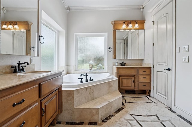 4609 Flint Ridge Dr, Norman, OK 73072 - full bathroom featuring inlaid floor details, crown molding, two vanities, and a bath