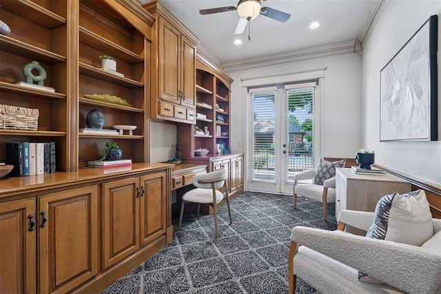 4609 Flint Ridge Dr, Norman, OK 73072 - home office featuring built in desk, a ceiling fan, crown molding, and recessed lighting