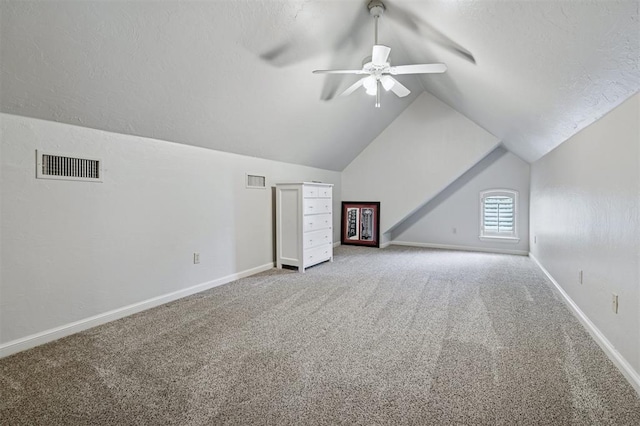 4609 Flint Ridge Dr, Norman, OK 73072 - additional living space featuring carpet flooring, vaulted ceiling, a ceiling fan, and a textured ceiling