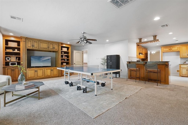 4609 Flint Ridge Dr, Norman, OK 73072 - rec room featuring light carpet, recessed lighting, and a ceiling fan