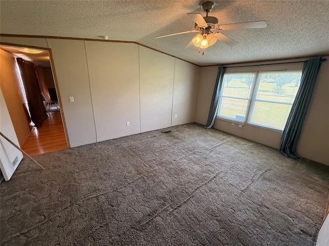 339133 E 870th Rd, Chandler, OK 74834 - spare room with lofted ceiling, crown molding, carpet, a textured ceiling, and ceiling fan