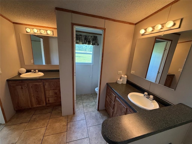 339133 E 870th Rd, Chandler, OK 74834 - bathroom with a textured ceiling, ornamental molding, lofted ceiling, vanity, and tile patterned floors