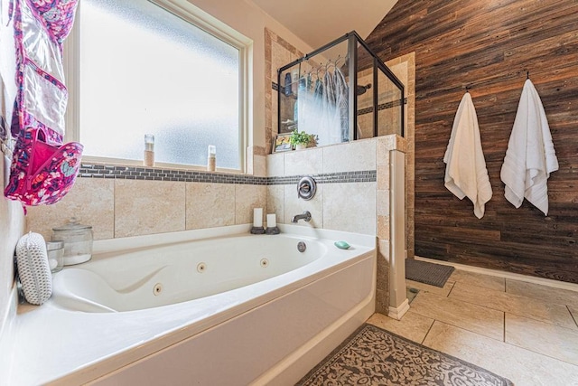 2432 NW 175th St, Edmond, OK 73012 - full bath with a stall shower, a tub with jets, and wooden walls