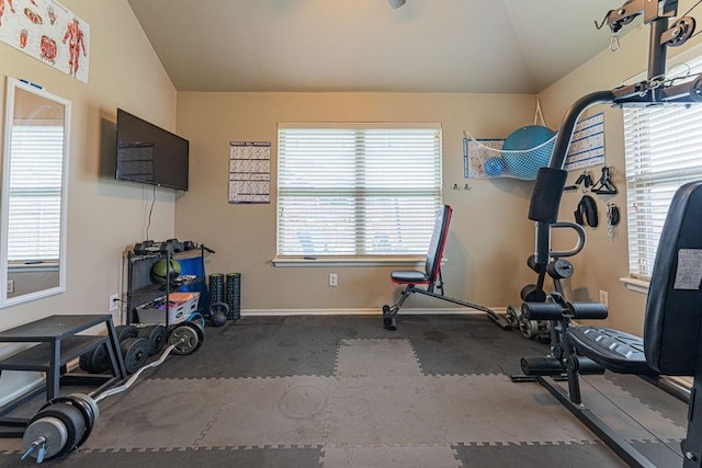 2432 NW 175th St, Edmond, OK 73012 - workout room with vaulted ceiling and carpet floors