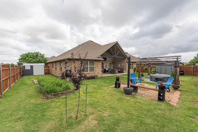 2432 NW 175th St, Edmond, OK 73012 - back of house with a jacuzzi, a shed, a fenced backyard, a patio area, and a pergola