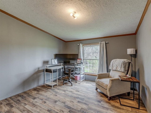 7401 E Forrest Hills Rd, Guthrie, OK 73044 - home office with crown molding, wood finished floors, and a textured ceiling
