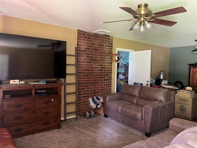 1003 Lukfata St, Broken Bow, OK 74728 - living area with a ceiling fan, a textured ceiling, and carpet floors