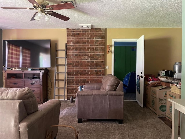 1003 Lukfata St, Broken Bow, OK 74728 - carpeted living room featuring a textured ceiling, ceiling fan, and french doors