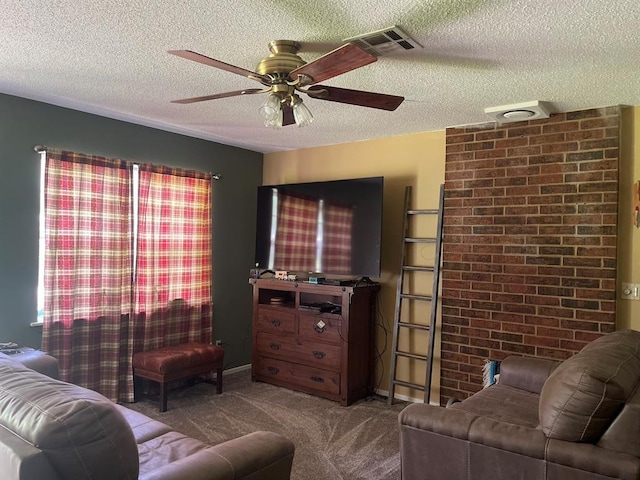 1003 Lukfata St, Broken Bow, OK 74728 - living area with carpet flooring, a ceiling fan, and a textured ceiling