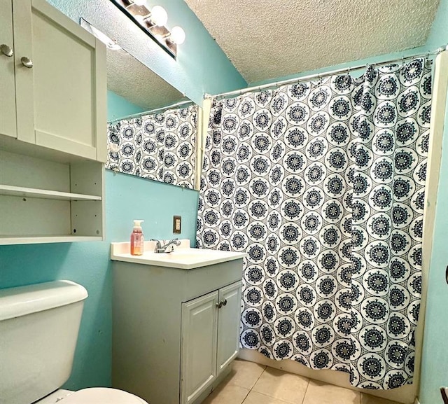 909 N Center St, Shawnee, OK 74801 - full bathroom featuring vanity, a textured ceiling, tile patterned flooring, and a shower with curtain