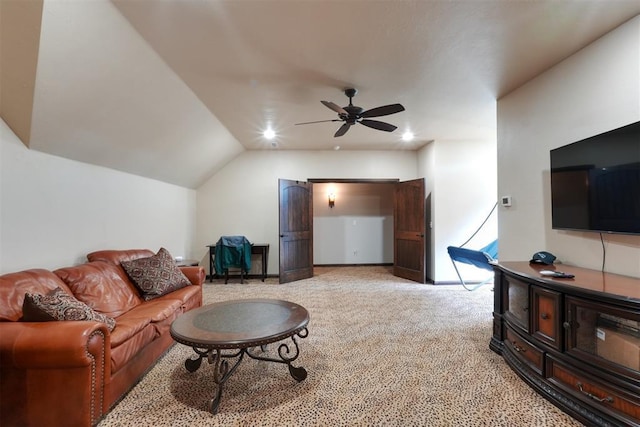 2309 Pinehurst Ct, Shawnee, OK 74801 - living room with light carpet, ceiling fan, and lofted ceiling