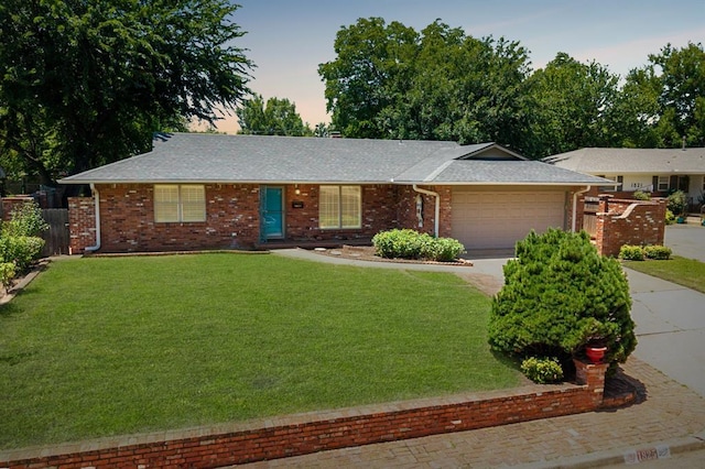 1825 Kings Rd, Edmond, OK 73013 - ranch-style home with concrete driveway, a garage, brick siding, and a shingled roof