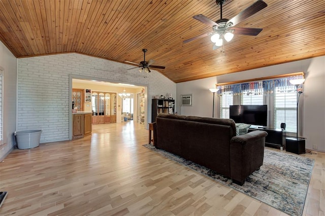 1825 Kings Rd, Edmond, OK 73013 - living room featuring brick wall, lofted ceiling, wooden ceiling, ceiling fan, and light wood-type flooring
