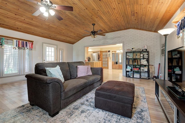 1825 Kings Rd, Edmond, OK 73013 - living area featuring brick wall, a ceiling fan, lofted ceiling, light wood finished floors, and wooden ceiling