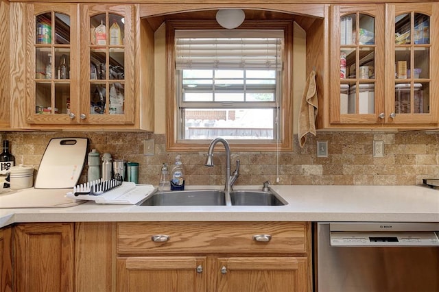1825 Kings Rd, Edmond, OK 73013 - kitchen with stainless steel dishwasher, light countertops, and glass insert cabinets