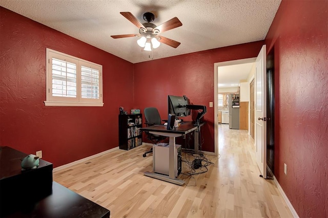 1825 Kings Rd, Edmond, OK 73013 - office featuring light wood finished floors, healthy amount of natural light, ceiling fan, a textured wall, and a textured ceiling