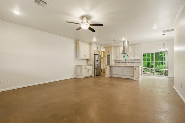 5801 N Henney Rd, Coyle, OK 73027 - unfurnished living room with ceiling fan, ornamental molding, finished concrete flooring, and recessed lighting