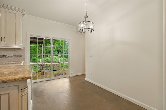 5801 N Henney Rd, Coyle, OK 73027 - unfurnished dining area featuring crown molding, finished concrete flooring, and a chandelier