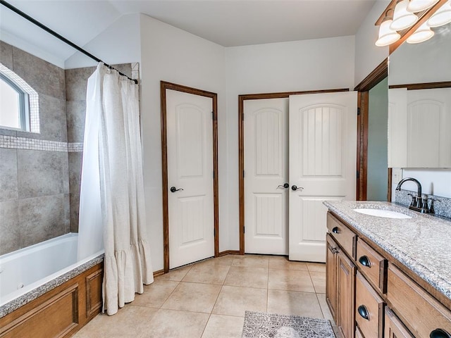 10705 SW 36th St, Yukon, OK 73099 - full bathroom with vanity, tile patterned floors, and shower / bath combo with shower curtain
