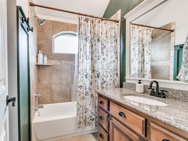 10705 SW 36th St, Yukon, OK 73099 - bathroom featuring vanity and shower / bathtub combination with curtain