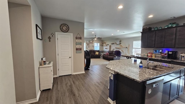 11704 SW 40th St, Mustang, OK 73064 - kitchen with dishwasher, plenty of natural light, ceiling fan, dark wood finished floors, and recessed lighting