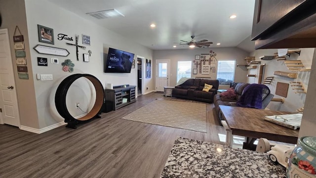 11704 SW 40th St, Mustang, OK 73064 - living room featuring wood finished floors, ceiling fan, and recessed lighting