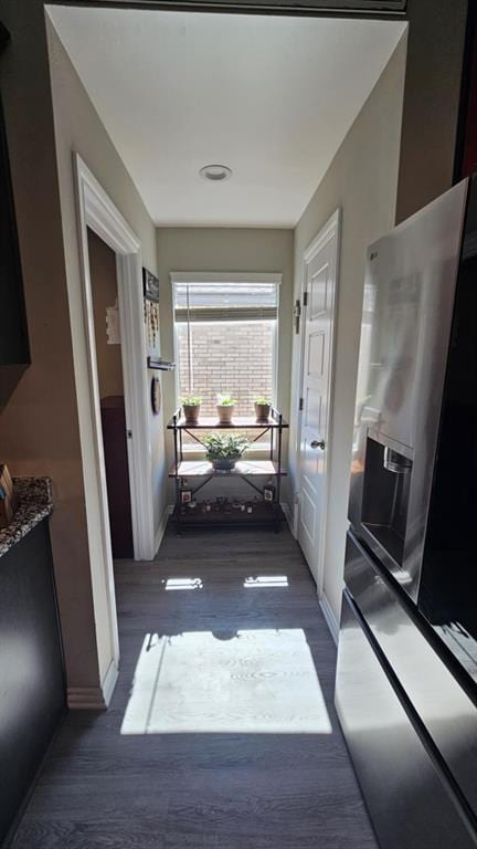 11704 SW 40th St, Mustang, OK 73064 - hallway featuring baseboards and dark wood finished floors