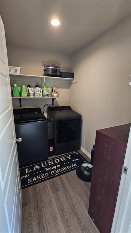 11704 SW 40th St, Mustang, OK 73064 - laundry area featuring washing machine and dryer, wood finished floors, and recessed lighting