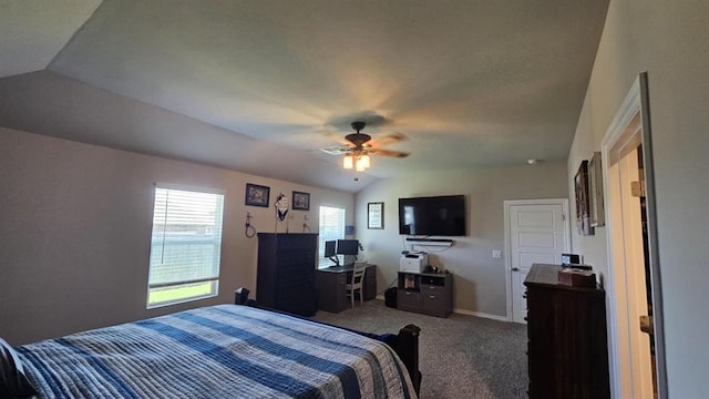 11704 SW 40th St, Mustang, OK 73064 - bedroom with carpet flooring, lofted ceiling, and a ceiling fan