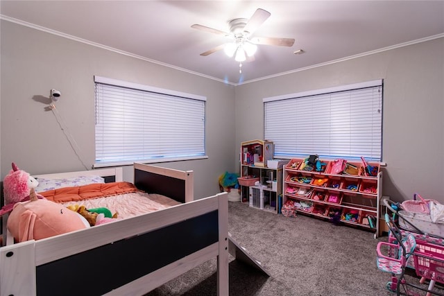 1712 N Pennsylvania Ave, Shawnee, OK 74804 - bedroom with carpet floors, ornamental molding, and a ceiling fan
