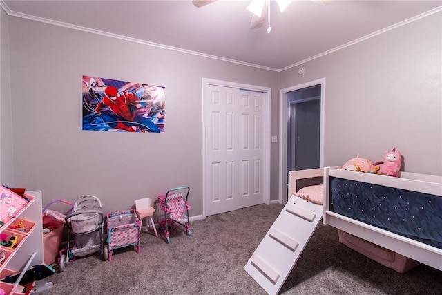 1712 N Pennsylvania Ave, Shawnee, OK 74804 - carpeted bedroom with crown molding, a closet, and ceiling fan