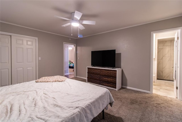 1712 N Pennsylvania Ave, Shawnee, OK 74804 - bedroom featuring carpet floors, ensuite bathroom, a closet, crown molding, and a ceiling fan