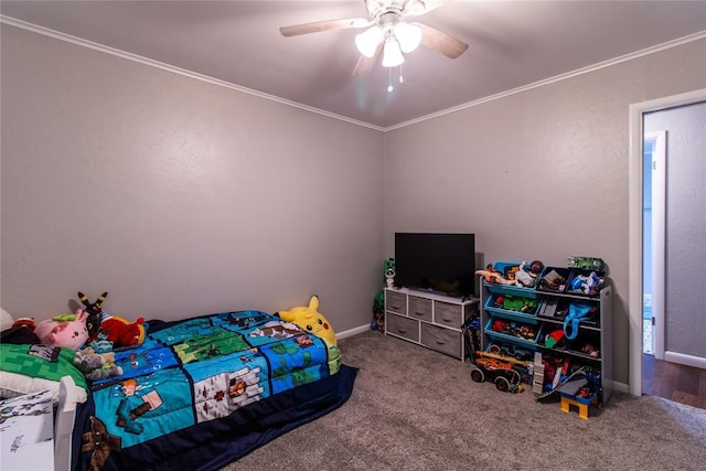 1712 N Pennsylvania Ave, Shawnee, OK 74804 - carpeted bedroom featuring ornamental molding and ceiling fan